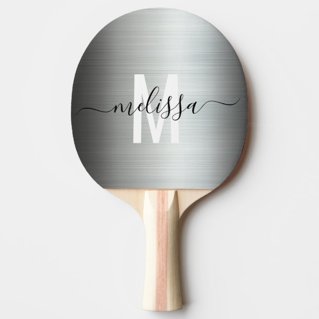 Raquete De Ping Pong Metal Prateado Lixado Monograma Caligrafia Manual (Frente)