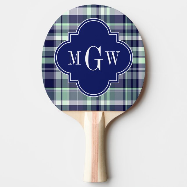 Raquete De Ping Pong Mint Marinho White Preppy Madras Quatrefoil Monogr (Frente)
