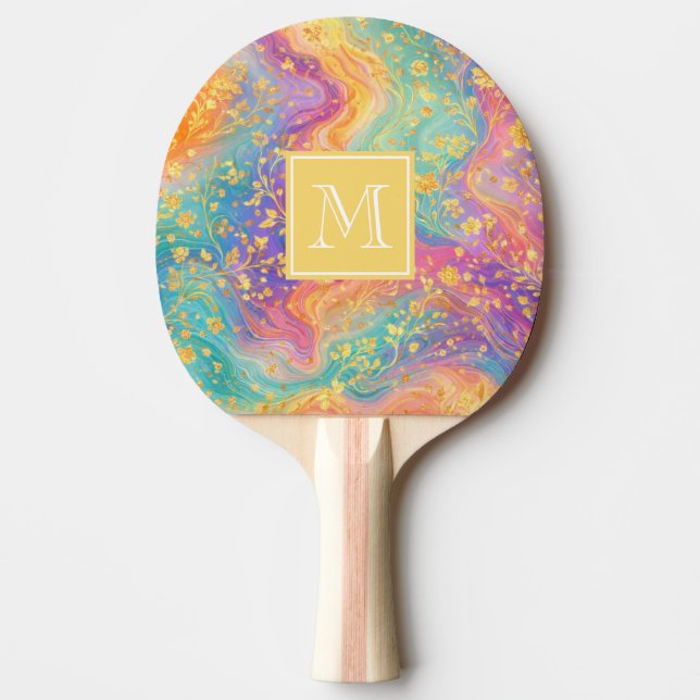 Raquete De Ping Pong Modern Abstract Glitter Floral Monogram Design     (Frente)