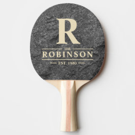 Raquete De Ping Pong Modern Dark Granite Stone Family Name & Initial
