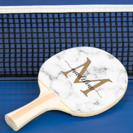 Raquete De Ping Pong Modern Marble Gold Girly Script Monogram