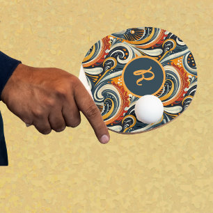 Raquete De Ping Pong Moderno Monograma de Redemoinhos Laranja Profundo