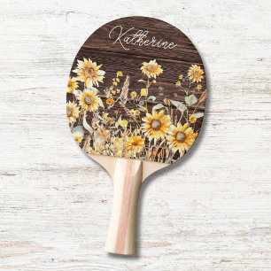 Raquete De Ping Pong Monograma Amarelo de Campo de Girassóis em Aquarel