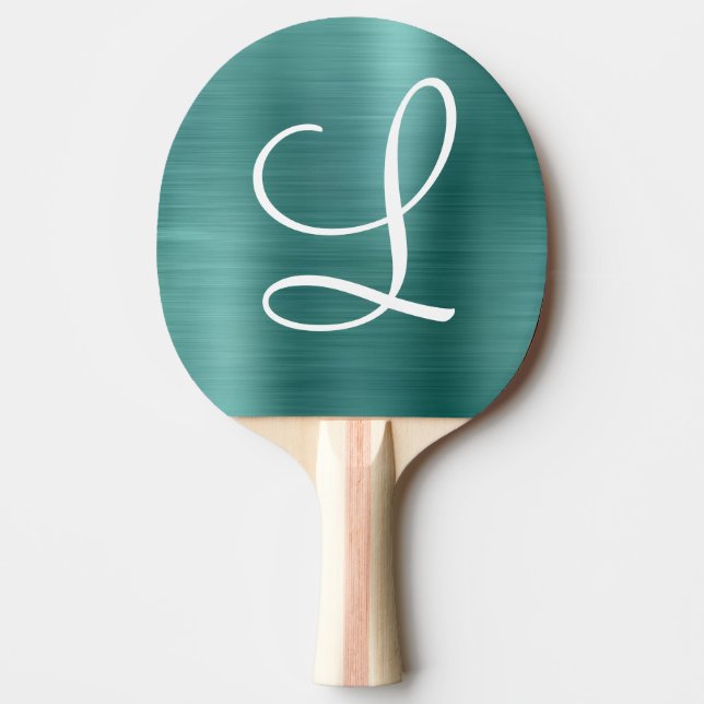 Raquete De Ping Pong Monograma branco de metal escovado com chic teal (Frente)