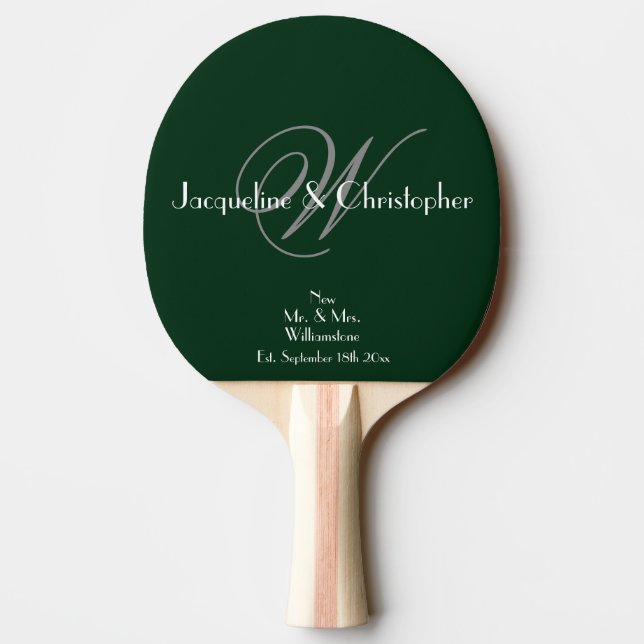 Raquete De Ping Pong Monograma Cinza Nomes em Escrito Branco Recém-Casa (Verso)