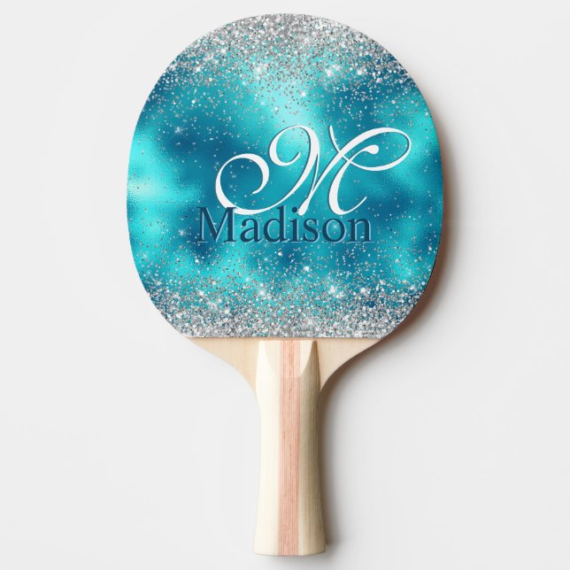 Raquete De Ping Pong Monograma da turquesa de prata-azul (Frente)