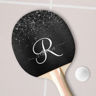 Raquete De Ping Pong Monograma de brilho preto personalizado