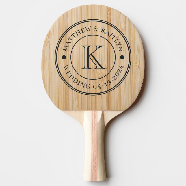 Raquete De Ping Pong Monograma de Casamento Bambu Branco (Verso)