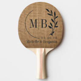 Raquete De Ping Pong Monograma de casamento com folha de aniagem marrom