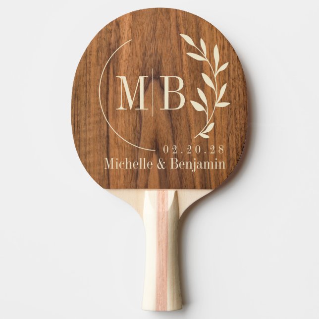 Raquete De Ping Pong Monograma de Casamento com Folha de Olmo (Frente)