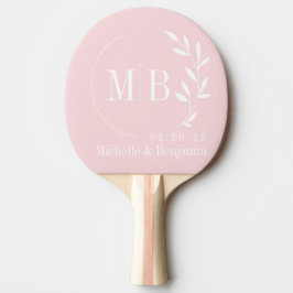 Raquete De Ping Pong Monograma de Casamento com Folha Sussurrante Rosa 