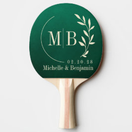 Raquete De Ping Pong Monograma de casamento com folha verde esmeralda
