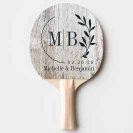 Raquete De Ping Pong Monograma de casamento de folha de madeira caiada 