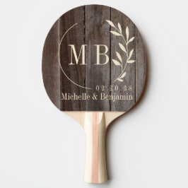 Raquete De Ping Pong Monograma de casamento de folhas em tábuas vintage