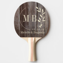Raquete De Ping Pong Monograma de casamento de folhas em tábuas vintage
