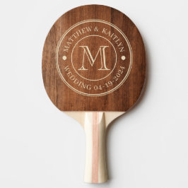 Raquete De Ping Pong Monograma de Casamento em Madeira de Noz Rústica