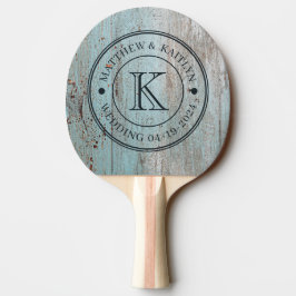 Raquete De Ping Pong Monograma de Casamento em Madeira Pintada de Azul
