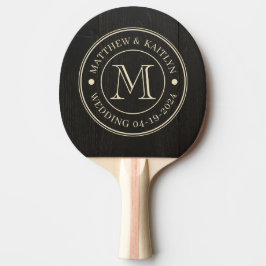 Raquete De Ping Pong Monograma de Casamento em Madeira Preta Escura