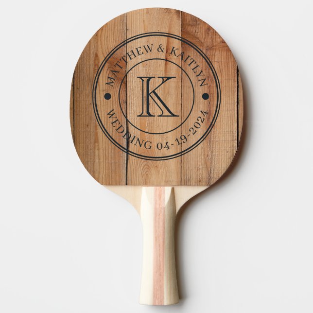 Raquete De Ping Pong Monograma de Casamento em Maple Rough Cut (Verso)