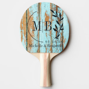 Raquete De Ping Pong Monograma de Casamento Folha de Madeira Azul Lavad