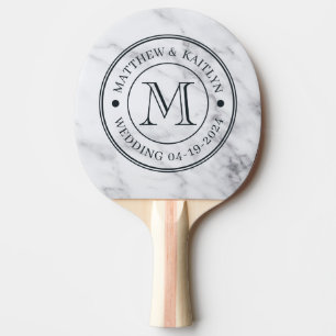 Raquete De Ping Pong Monograma de Casamento Moderno em Mármore Branco L