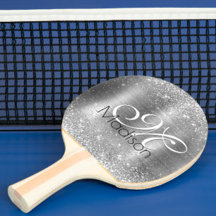 Raquete De Ping Pong Monograma de cinzas, de metal escovado, em forma d