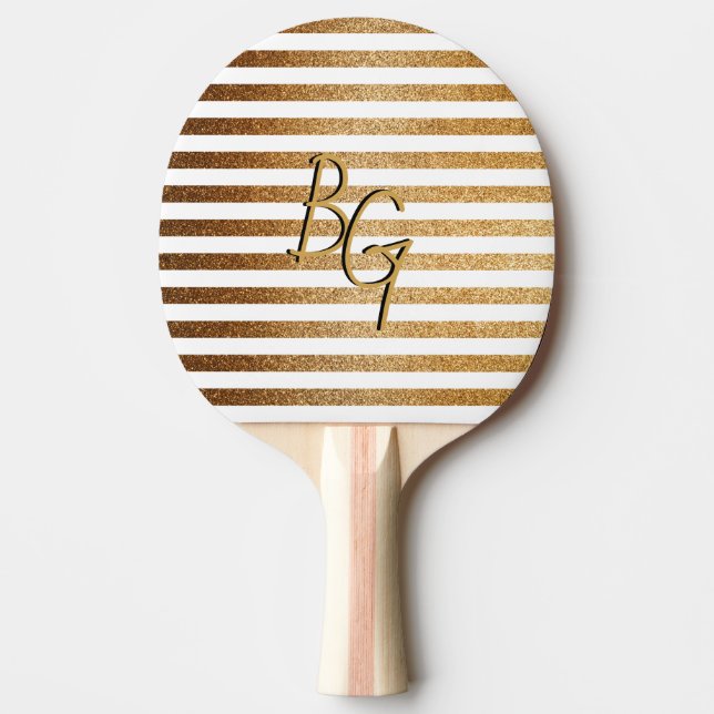 Raquete De Ping Pong Monograma de faixa Dourada branca Elegante (Frente)