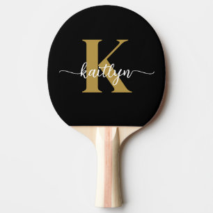 Raquete De Ping Pong Monograma de Letra Cursiva em Preto e Dourado