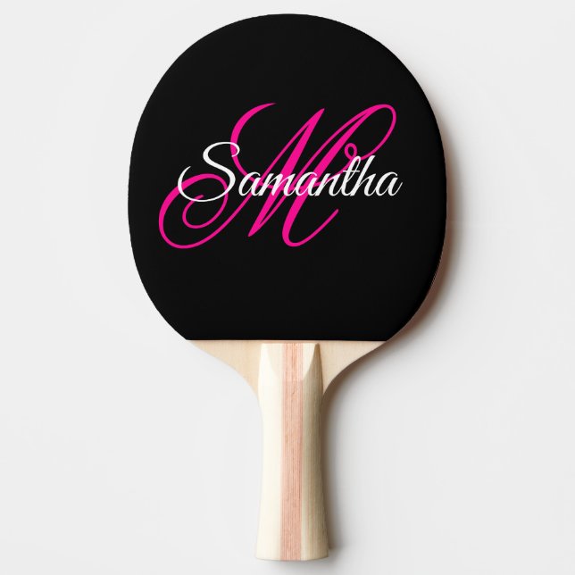 Raquete De Ping Pong Monograma de Letra Rebuscada Preto Branco e Rosa (Frente)
