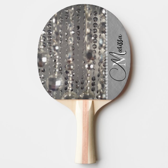 Raquete De Ping Pong Monograma de Miçangas de prata cintilante (Frente)