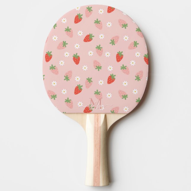 Raquete De Ping Pong Monograma de Morangos Vermelhos e Rosa (Frente)
