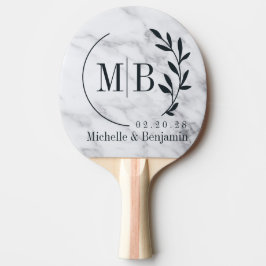 Raquete De Ping Pong Monograma de Noiva de Folha de Mármore Branco Limp