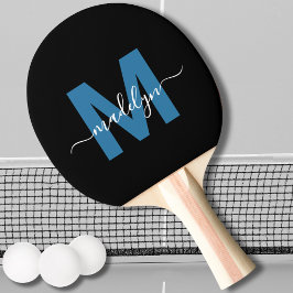Raquete De Ping Pong Monograma de Nome com Letra Elegante Preto Azul