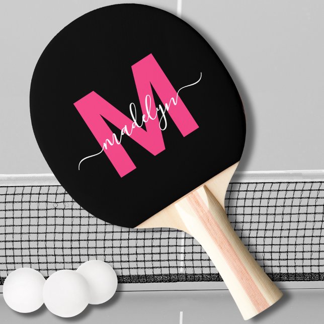 Raquete De Ping Pong Monograma de Nome Moderno Rosa (Pink Modern Script Name Monogram Ping Pong Paddle)