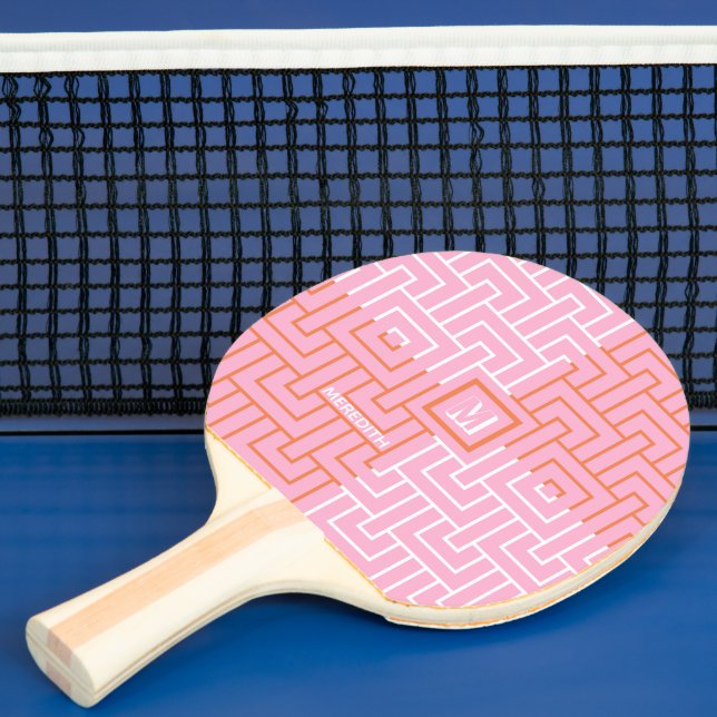 Raquete De Ping Pong Monograma de Padrão Laranja Rosa Moderno (Insitu)