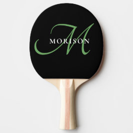 Raquete De Ping Pong Monograma de Script Verde Preto Moderno Elegante