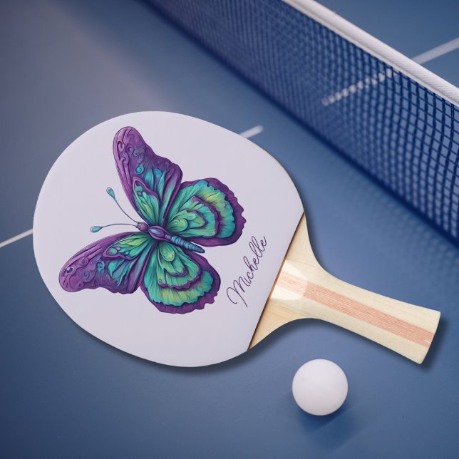 Raquete De Ping Pong Monograma Delicado de Borboleta Roxa e Verde (Criador carregado)
