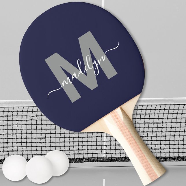 Raquete De Ping Pong Monograma do Nome do Script Elegante Azul do marin (Navy Blue Elegant Script Name Monogram Ping Pong Paddle)