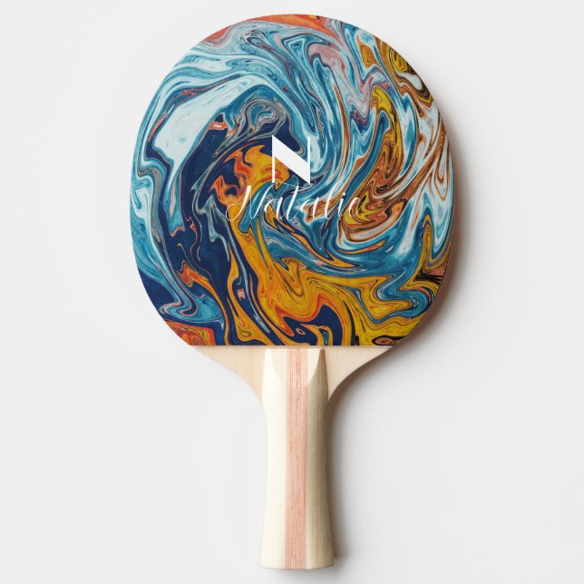 Raquete De Ping Pong Monograma Dourado Azul Elegante (Frente)