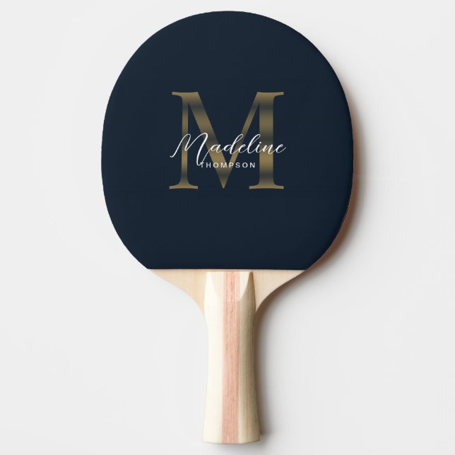Raquete De Ping Pong Monograma Dourado Azul Naval Metálico de Letra Cur (Frente)