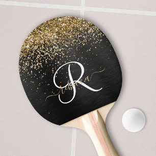 Raquete De Ping Pong Monograma Dourado de brilho preto com brilho perso