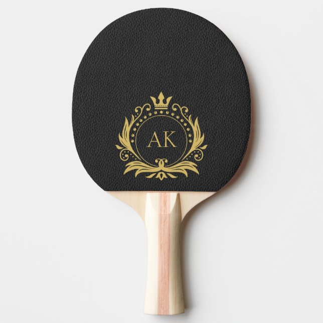 Raquete De Ping Pong Monograma Dourado de recorte preto simples (Frente)