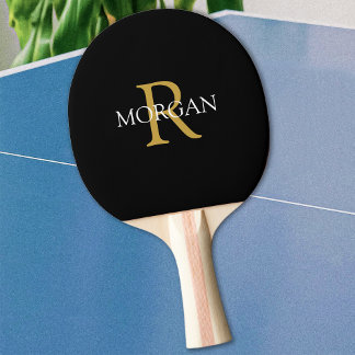 Raquete De Ping Pong Monograma Dourado e Nome Branco em Preto