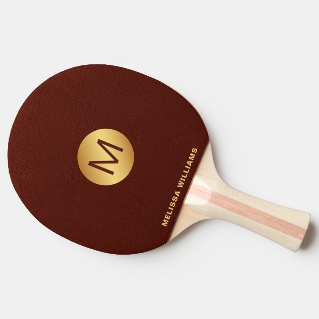 Raquete De Ping Pong Monograma Elegante Nome Couro Vermelho e Dourado (Lateral)