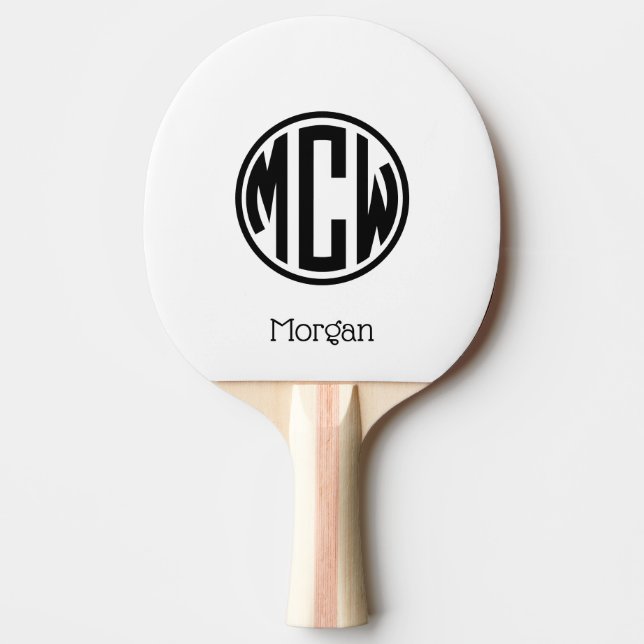 Raquete De Ping Pong Monograma em círculo branco preto Fonte DIY BG (Frente)