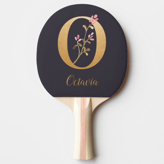 Raquete De Ping Pong Monograma Floral Dourado Elegante Azul Personaliza (Frente)