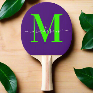 Raquete De Ping Pong Monograma inicial Roxo único e neon verde preto