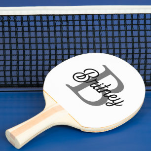 Raquete De Ping Pong Monograma Moderno Nome do Elegante Script de Cinza