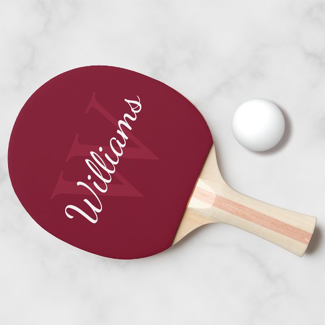 Raquete De Ping Pong Monograma Personalizado e Nome Vermelho Borgonha (Criador carregado)