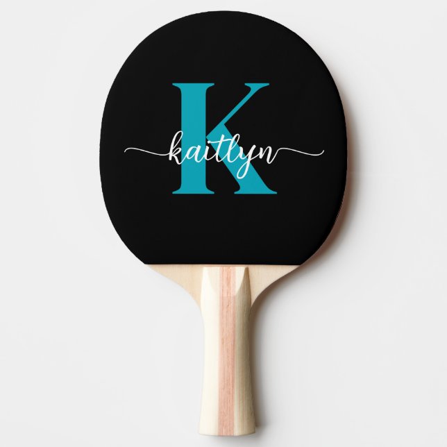 Raquete De Ping Pong Monograma Preto Teal (Frente)